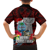 Guam Christmas Family Matching Off Shoulder Short Dress and Hawaiian Shirt Santa Gift Latte Stone and Sea Turle Mix Hibiscus Chamorro Red Style LT03 - Polynesian Pride