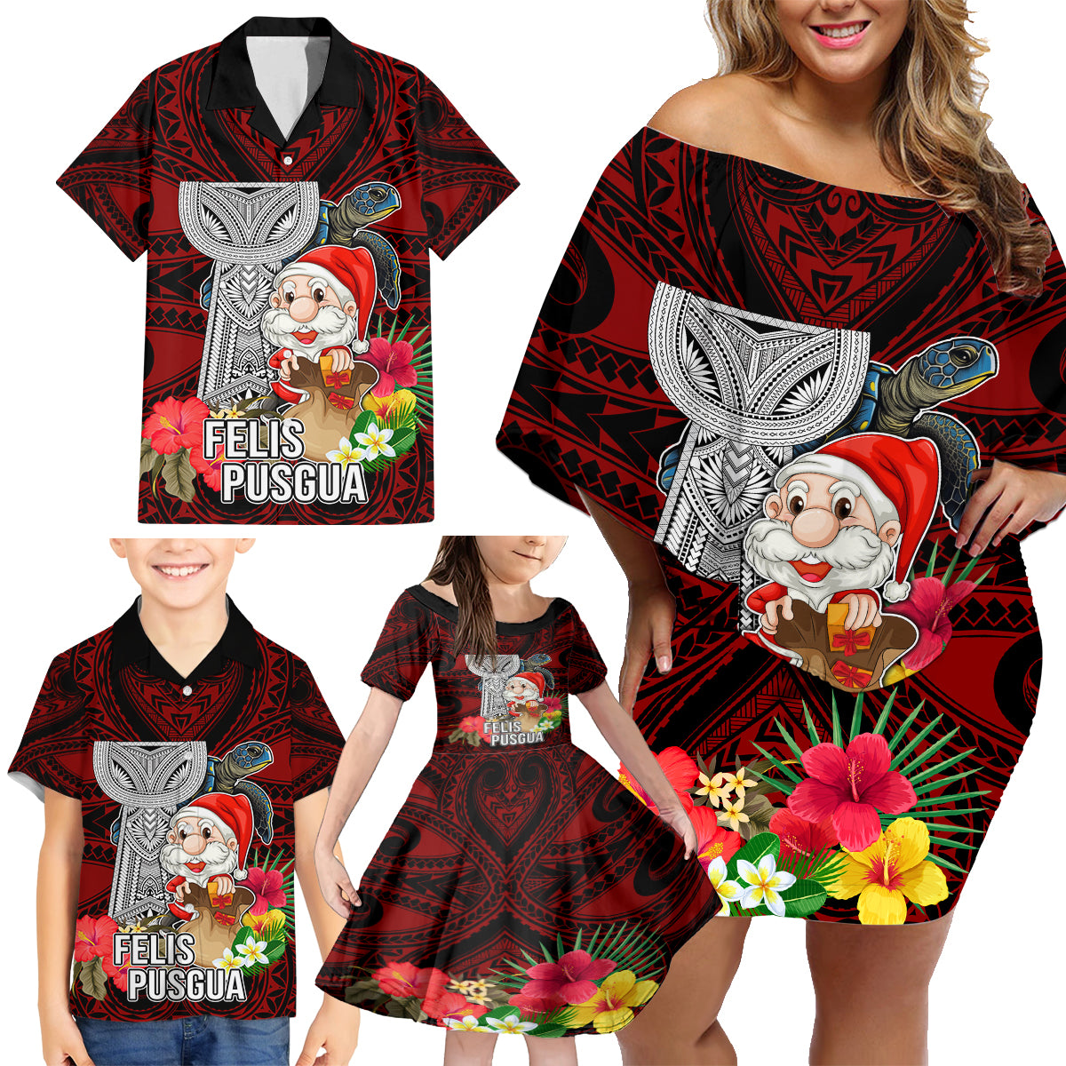 Guam Christmas Family Matching Off Shoulder Short Dress and Hawaiian Shirt Santa Gift Latte Stone and Sea Turle Mix Hibiscus Chamorro Red Style LT03 - Polynesian Pride