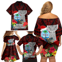 Guam Christmas Family Matching Off Shoulder Short Dress and Hawaiian Shirt Santa Gift Latte Stone and Sea Turle Mix Hibiscus Chamorro Red Style LT03 - Polynesian Pride