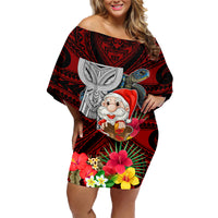 Guam Christmas Family Matching Off Shoulder Short Dress and Hawaiian Shirt Santa Gift Latte Stone and Sea Turle Mix Hibiscus Chamorro Red Style LT03 Mom's Dress Red - Polynesian Pride
