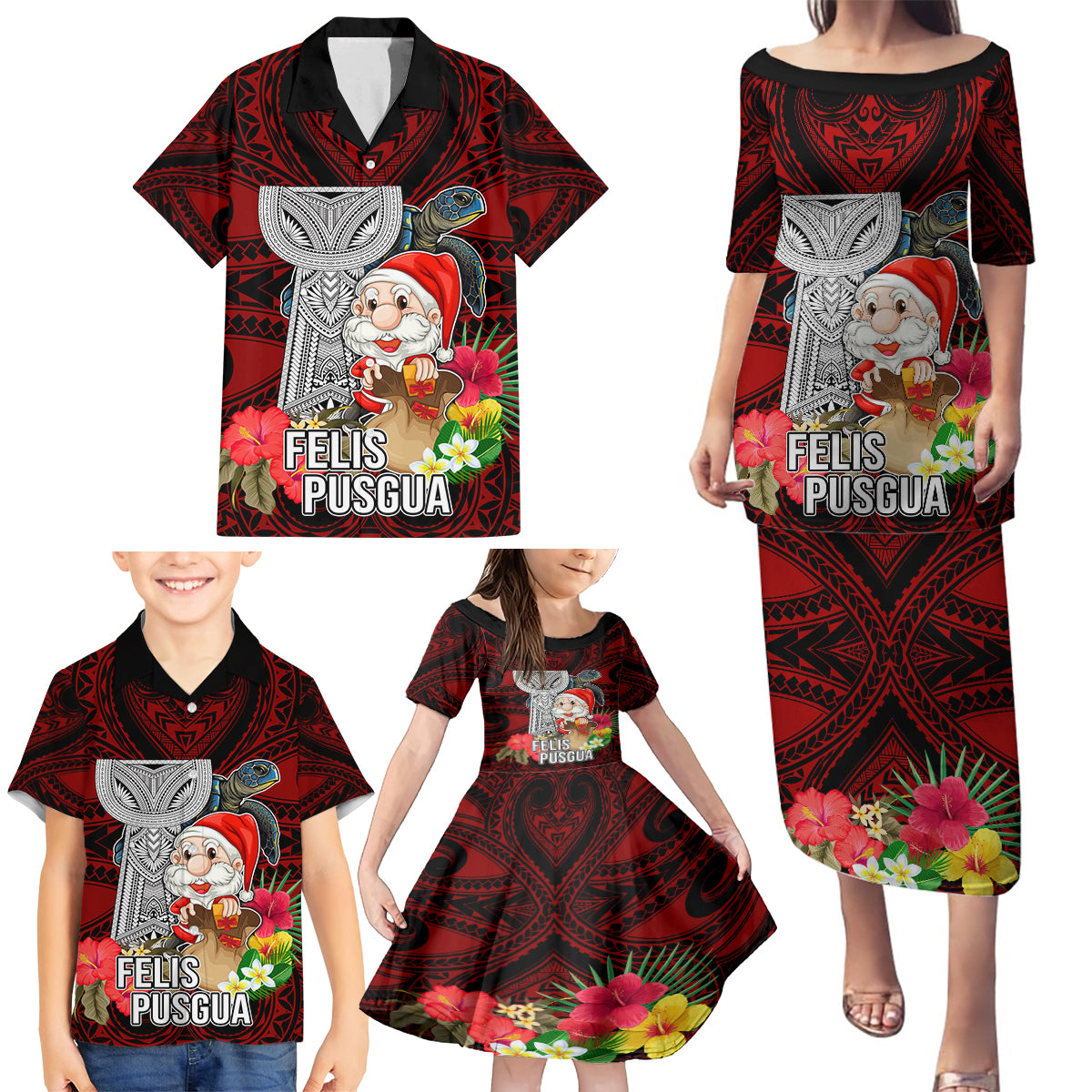 Guam Christmas Family Matching Puletasi Dress and Hawaiian Shirt Santa Gift Latte Stone and Sea Turle Mix Hibiscus Chamorro Red Style LT03 - Polynesian Pride