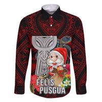 Guam Christmas Family Matching Short Sleeve Bodycon Dress and Hawaiian Shirt Santa Gift Latte Stone and Sea Turle Mix Hibiscus Chamorro Red Style LT03 Dad's Shirt - Long Sleeve Red - Polynesian Pride