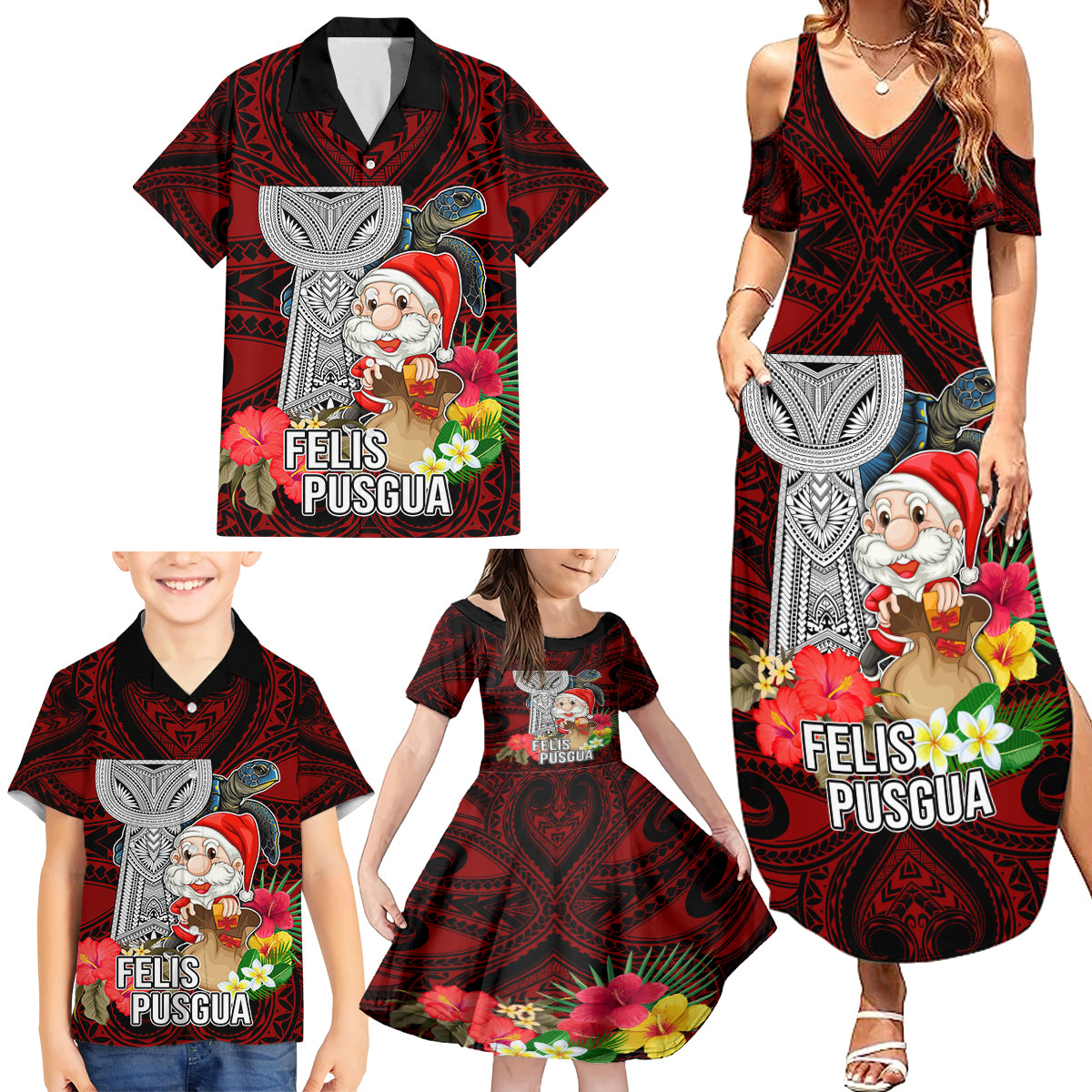 Guam Christmas Family Matching Summer Maxi Dress and Hawaiian Shirt Santa Gift Latte Stone and Sea Turle Mix Hibiscus Chamorro Red Style LT03 - Polynesian Pride