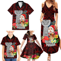 Guam Christmas Family Matching Summer Maxi Dress and Hawaiian Shirt Santa Gift Latte Stone and Sea Turle Mix Hibiscus Chamorro Red Style LT03 - Polynesian Pride
