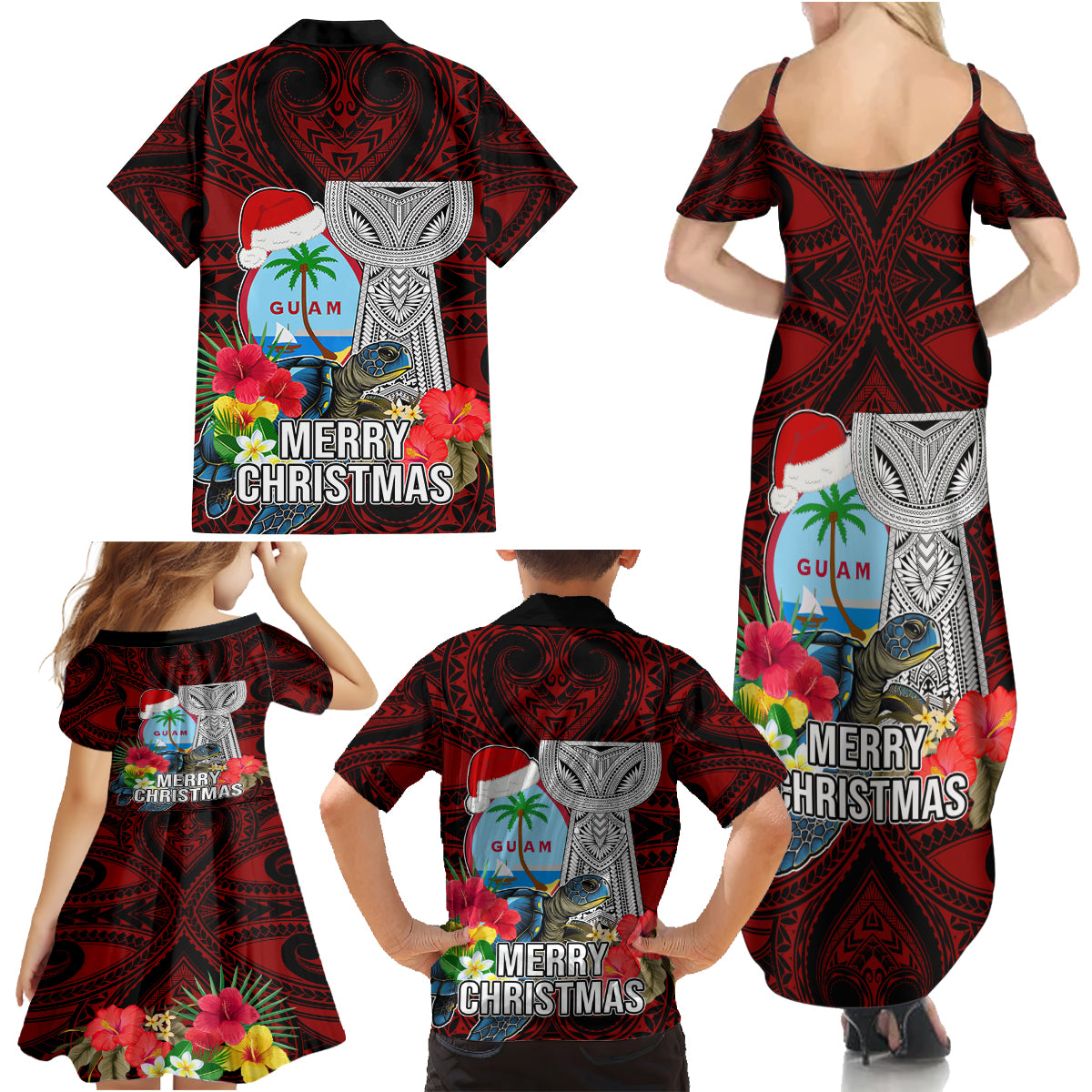 Guam Christmas Family Matching Summer Maxi Dress and Hawaiian Shirt Santa Gift Latte Stone and Sea Turle Mix Hibiscus Chamorro Red Style LT03 - Polynesian Pride