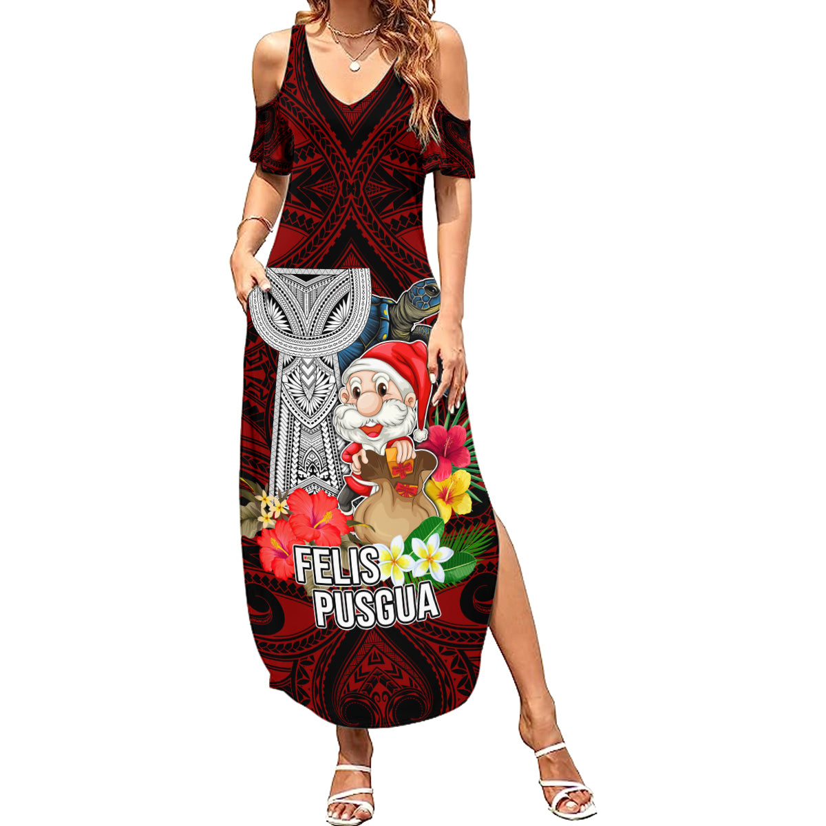 Guam Christmas Family Matching Summer Maxi Dress and Hawaiian Shirt Santa Gift Latte Stone and Sea Turle Mix Hibiscus Chamorro Red Style LT03 Mom's Dress Red - Polynesian Pride