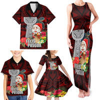 Guam Christmas Family Matching Tank Maxi Dress and Hawaiian Shirt Santa Gift Latte Stone and Sea Turle Mix Hibiscus Chamorro Red Style LT03 - Polynesian Pride