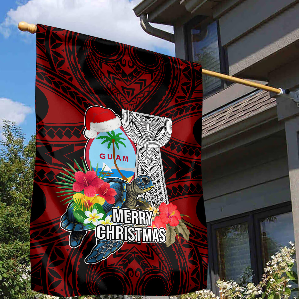 Guam Christmas Garden Flag Santa Gift Latte Stone and Sea Turle Mix Hibiscus Chamorro Red Style LT03 - Polynesian Pride