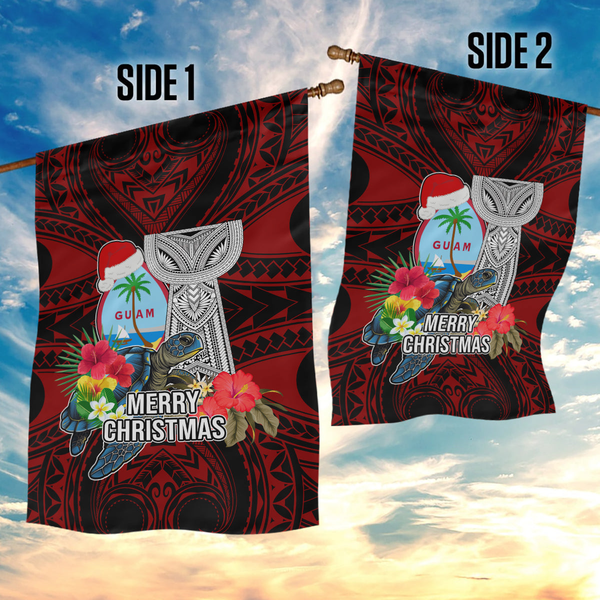 Guam Christmas Garden Flag Santa Gift Latte Stone and Sea Turle Mix Hibiscus Chamorro Red Style LT03 - Polynesian Pride