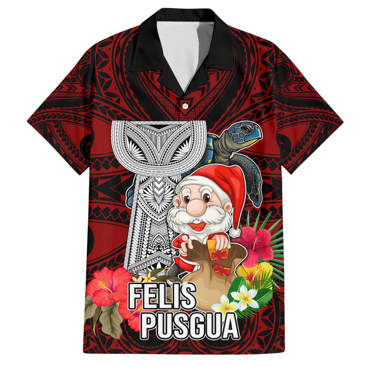 Guam Christmas Hawaiian Shirt Santa Gift Latte Stone and Sea Turle Mix Hibiscus Chamorro Red Style LT03 Red - Polynesian Pride