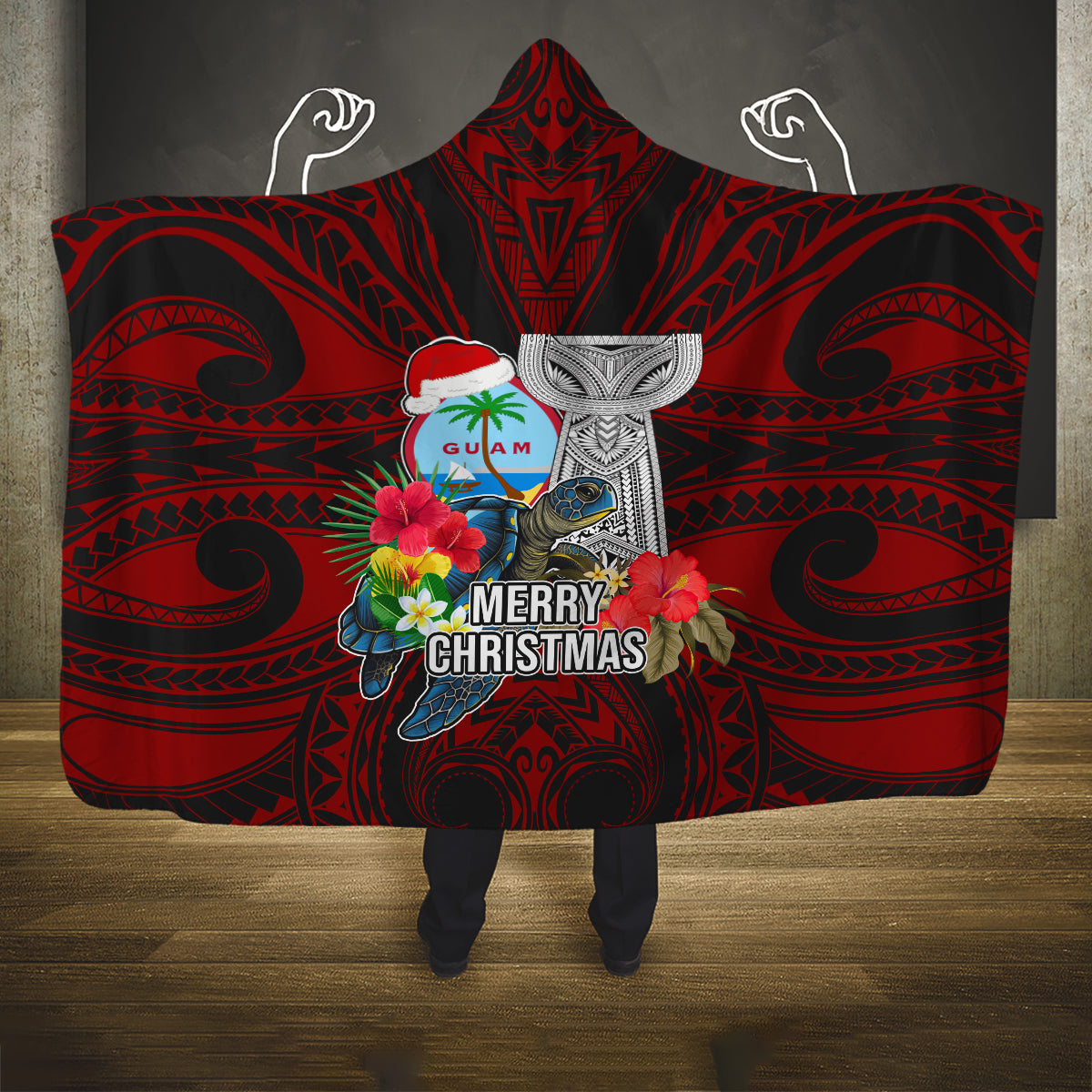 Guam Christmas Hooded Blanket Santa Gift Latte Stone and Sea Turle Mix Hibiscus Chamorro Red Style LT03 One Size Red - Polynesian Pride