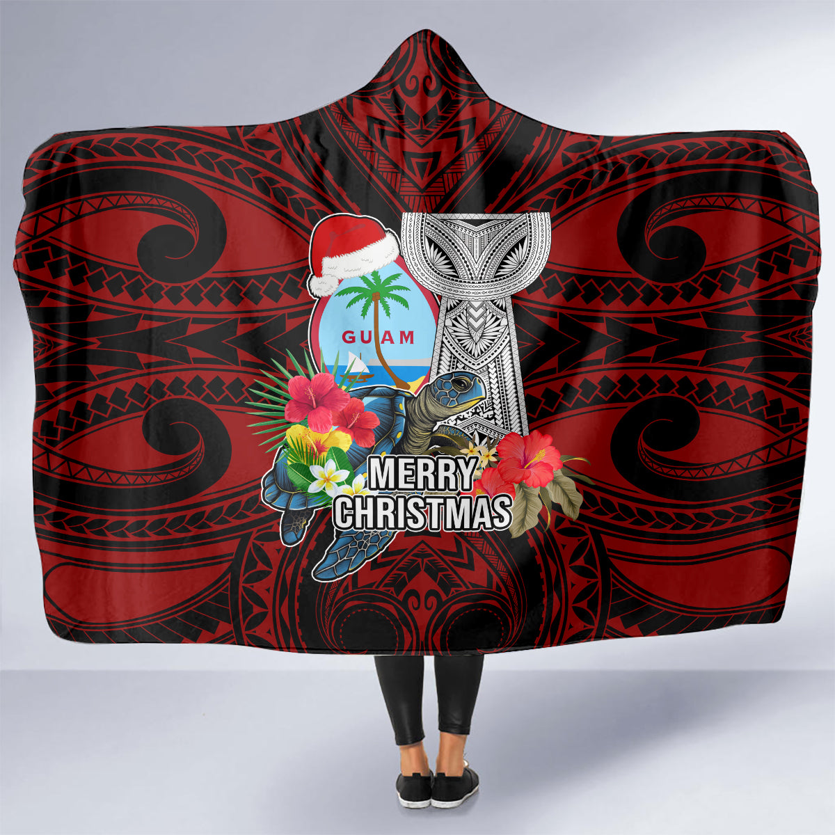 Guam Christmas Hooded Blanket Santa Gift Latte Stone and Sea Turle Mix Hibiscus Chamorro Red Style LT03 - Polynesian Pride