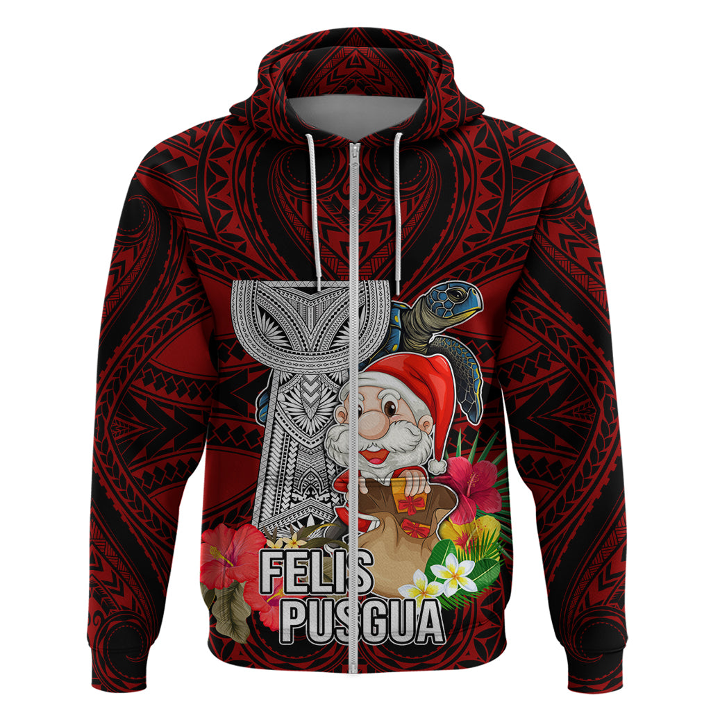 Guam Christmas Hoodie Santa Gift Latte Stone and Sea Turle Mix Hibiscus Chamorro Red Style LT03 Zip Hoodie Red - Polynesian Pride