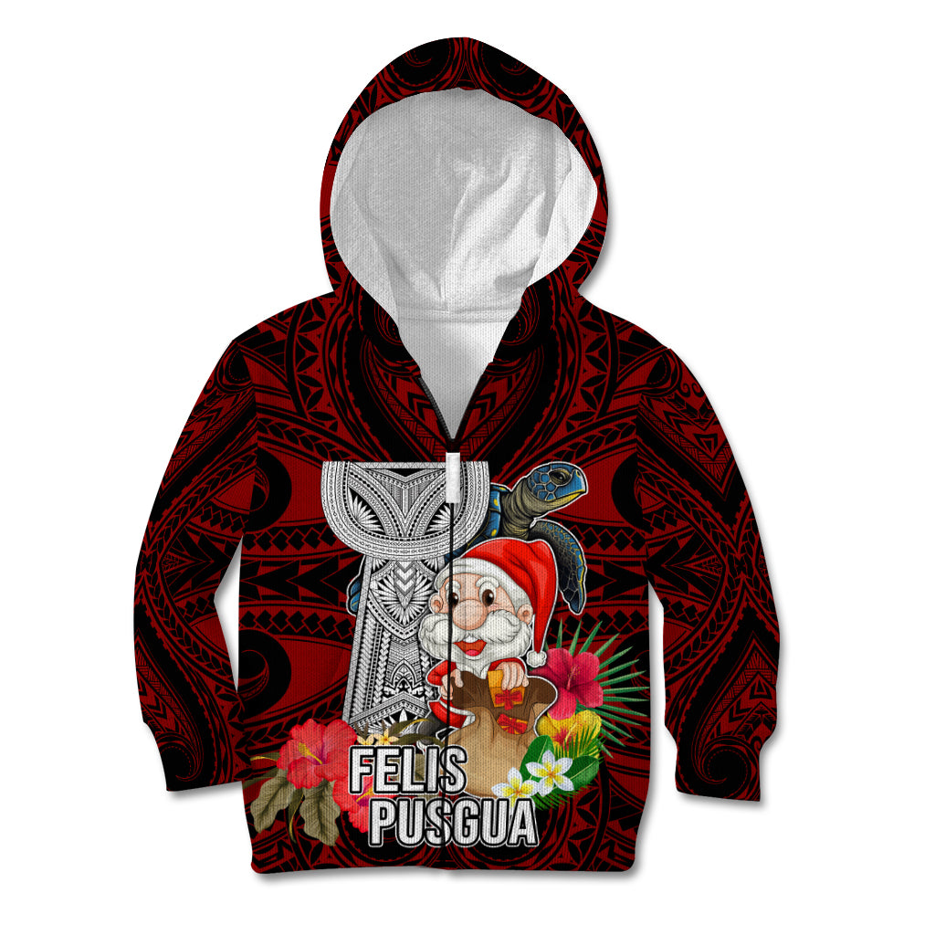 Guam Christmas Kid Hoodie Santa Gift Latte Stone and Sea Turle Mix Hibiscus Chamorro Red Style LT03 Zip Hoodie Red - Polynesian Pride
