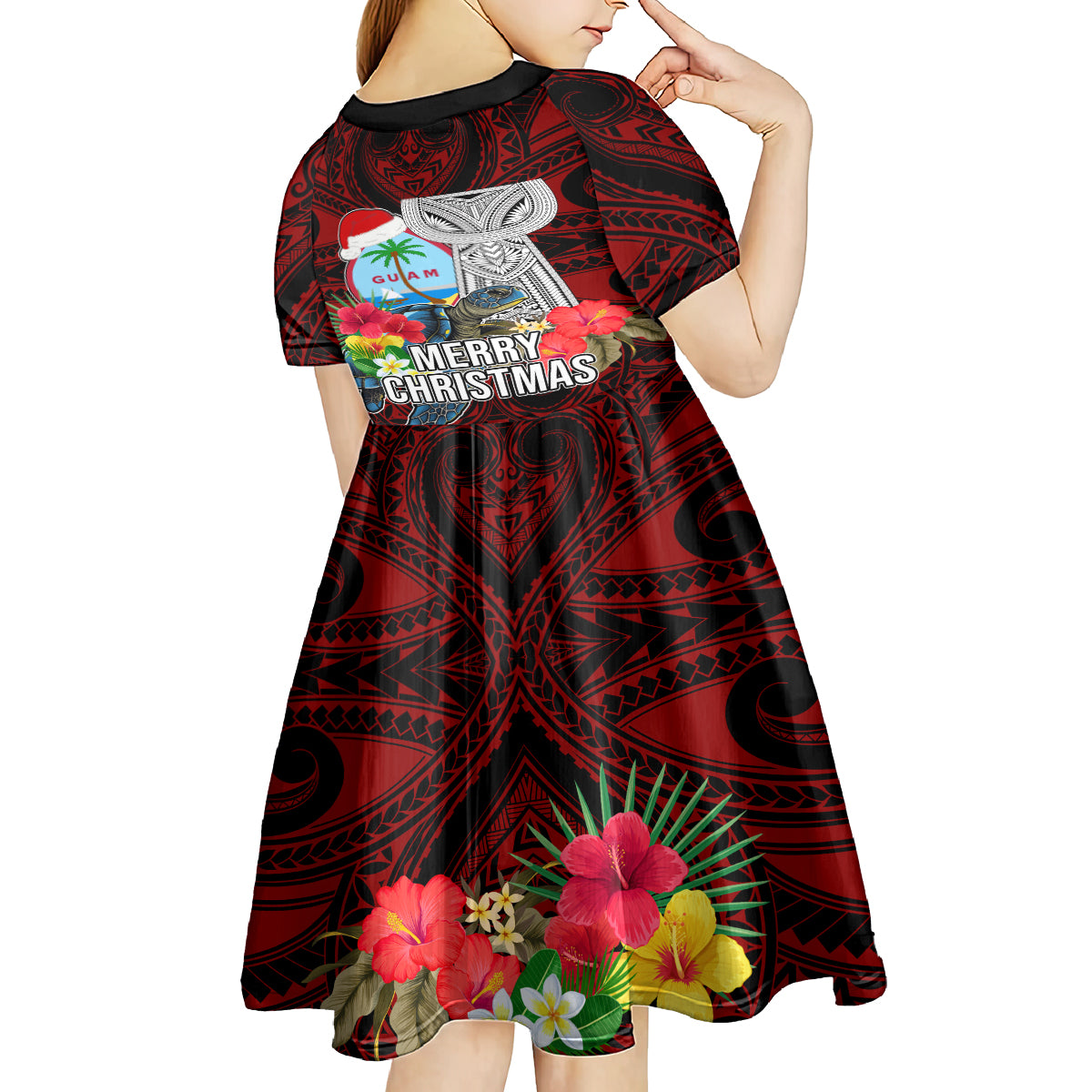 Guam Christmas Kid Short Sleeve Dress Santa Gift Latte Stone and Sea Turle Mix Hibiscus Chamorro Red Style LT03 - Polynesian Pride