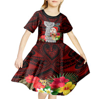 Guam Christmas Kid Short Sleeve Dress Santa Gift Latte Stone and Sea Turle Mix Hibiscus Chamorro Red Style LT03 - Polynesian Pride