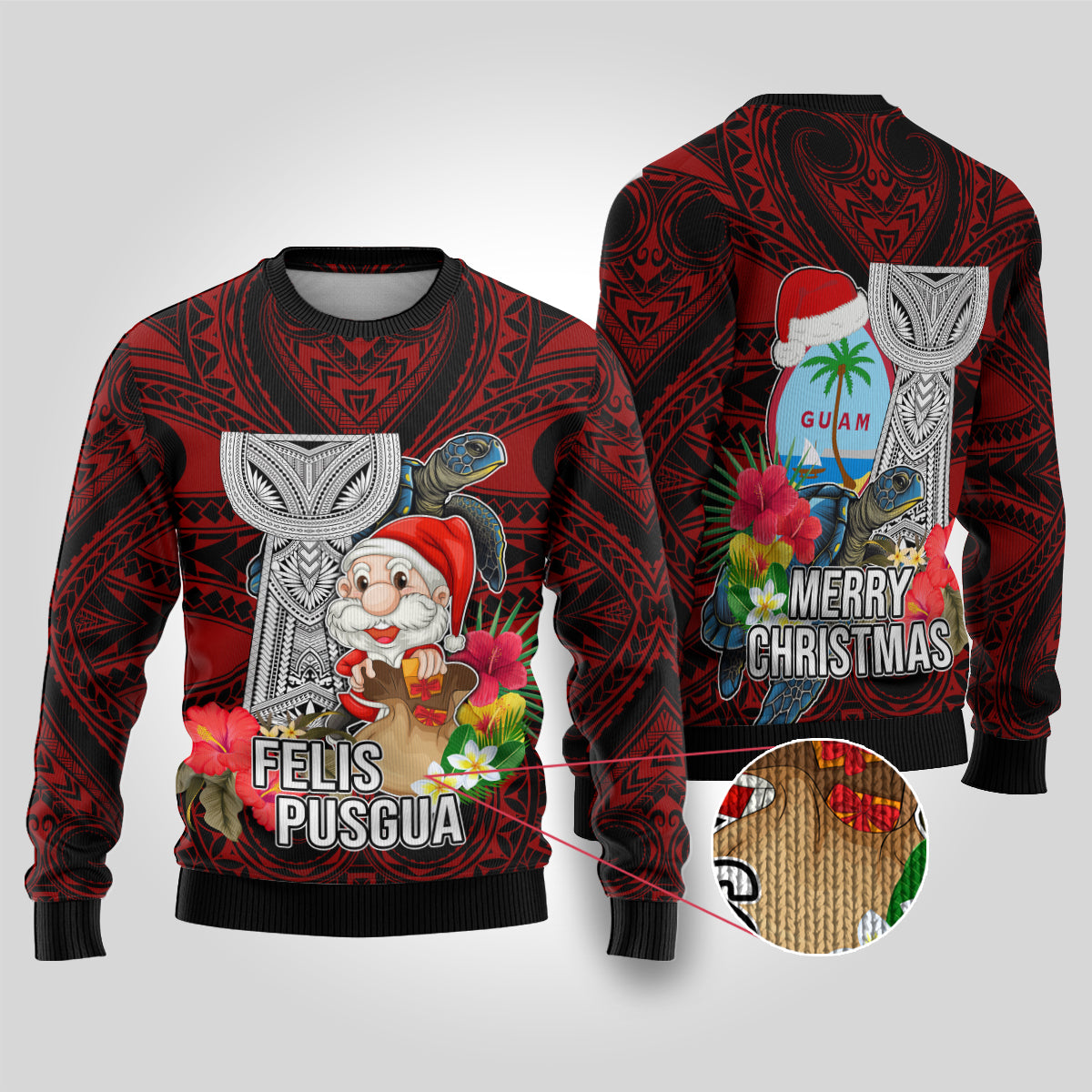 Guam Christmas Ugly Christmas Sweater Santa Gift Latte Stone and Sea Turle Mix Hibiscus Chamorro Red Style LT03 Red - Polynesian Pride