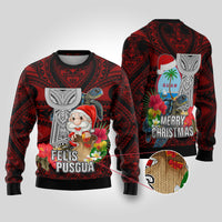 Guam Christmas Ugly Christmas Sweater Santa Gift Latte Stone and Sea Turle Mix Hibiscus Chamorro Red Style LT03 Red - Polynesian Pride