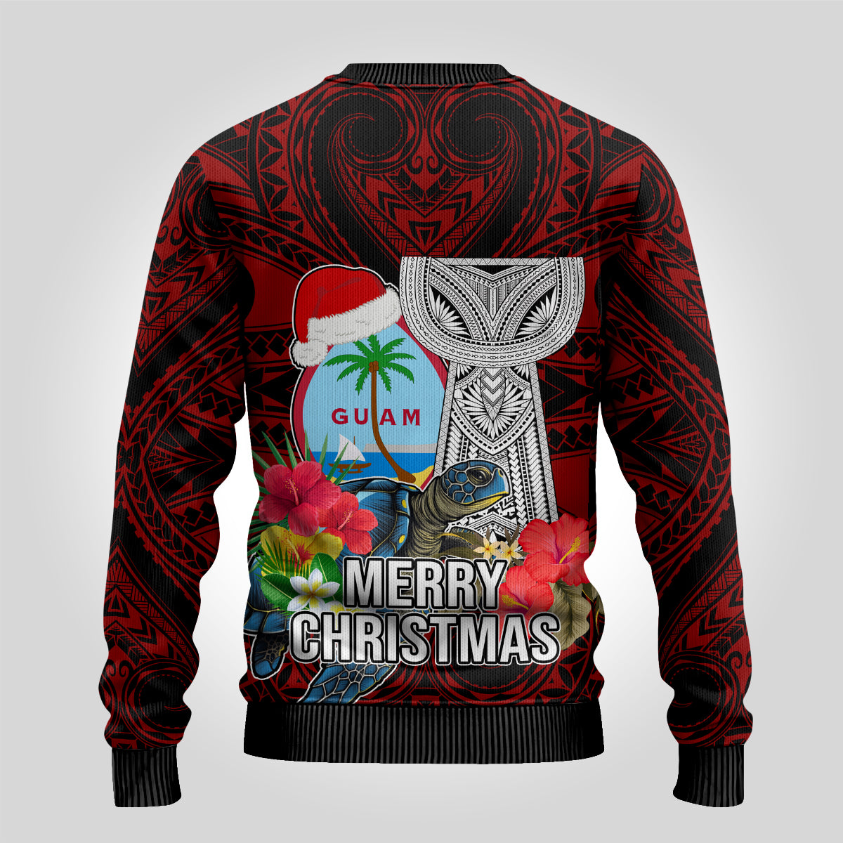 Guam Christmas Ugly Christmas Sweater Santa Gift Latte Stone and Sea Turle Mix Hibiscus Chamorro Red Style LT03 - Polynesian Pride