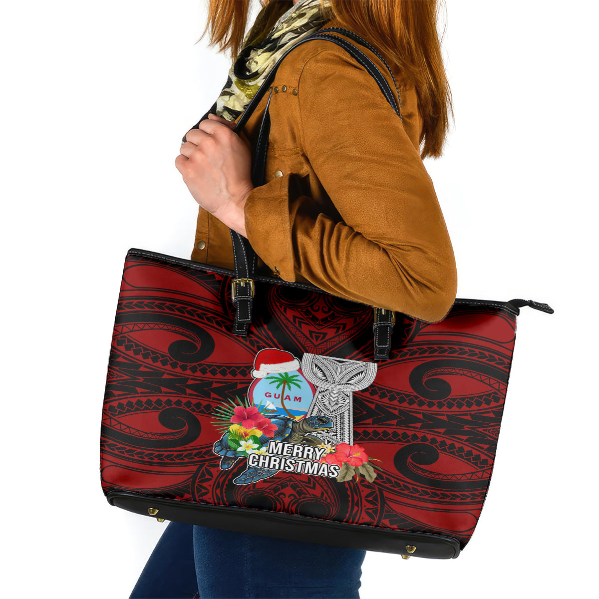 Guam Christmas Leather Tote Bag Santa Gift Latte Stone and Sea Turle Mix Hibiscus Chamorro Red Style LT03 Red - Polynesian Pride