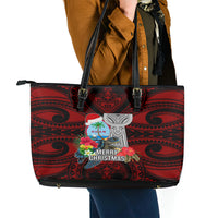 Guam Christmas Leather Tote Bag Santa Gift Latte Stone and Sea Turle Mix Hibiscus Chamorro Red Style LT03 - Polynesian Pride