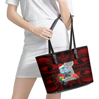 Guam Christmas Leather Tote Bag Santa Gift Latte Stone and Sea Turle Mix Hibiscus Chamorro Red Style LT03 - Polynesian Pride