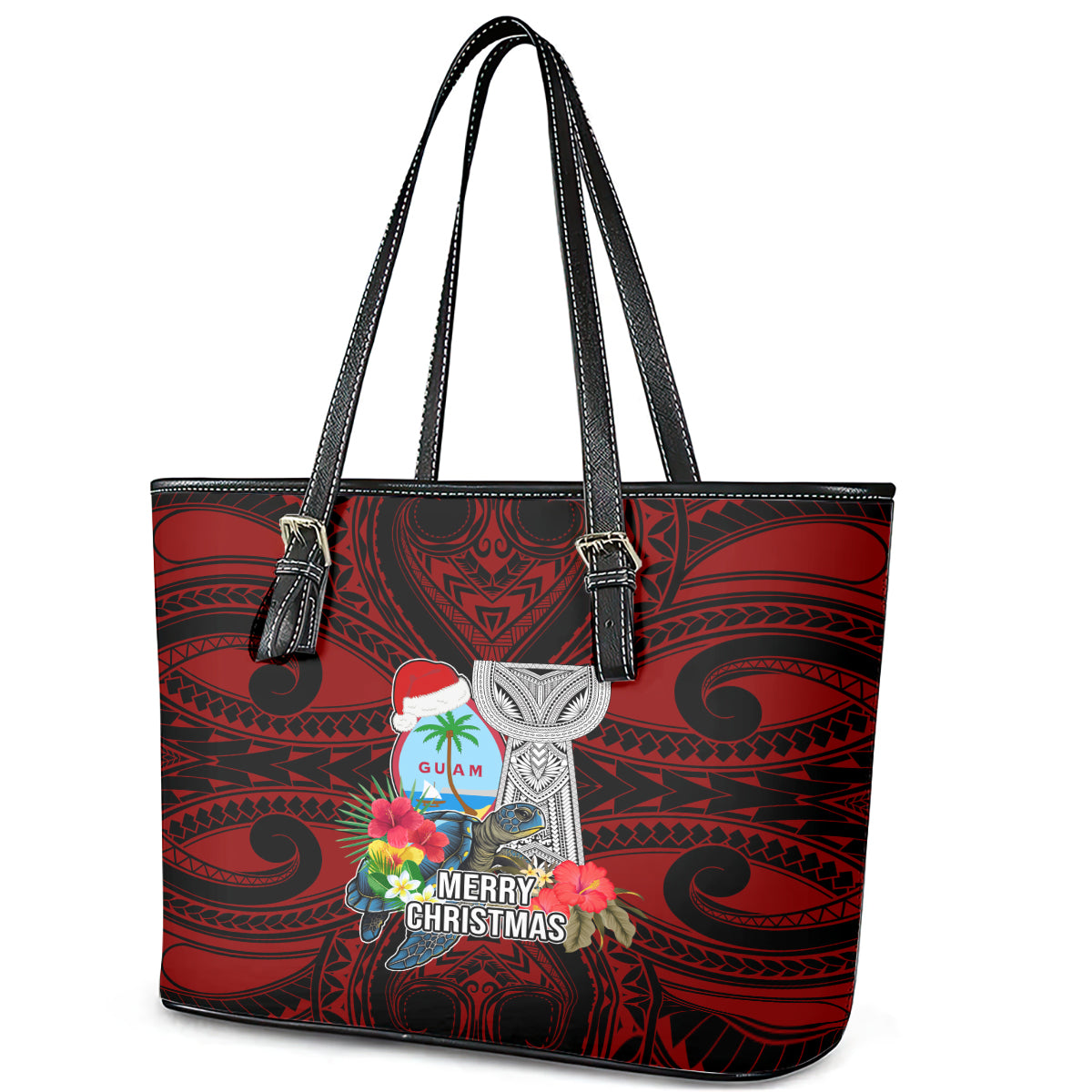 Guam Christmas Leather Tote Bag Santa Gift Latte Stone and Sea Turle Mix Hibiscus Chamorro Red Style LT03 - Polynesian Pride