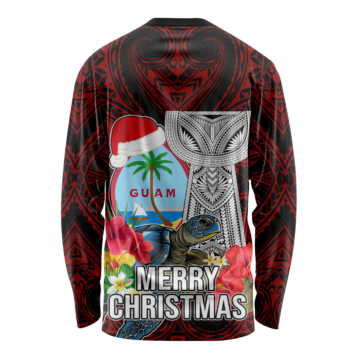 Guam Christmas Long Sleeve Shirt Santa Gift Latte Stone and Sea Turle Mix Hibiscus Chamorro Red Style LT03 - Polynesian Pride