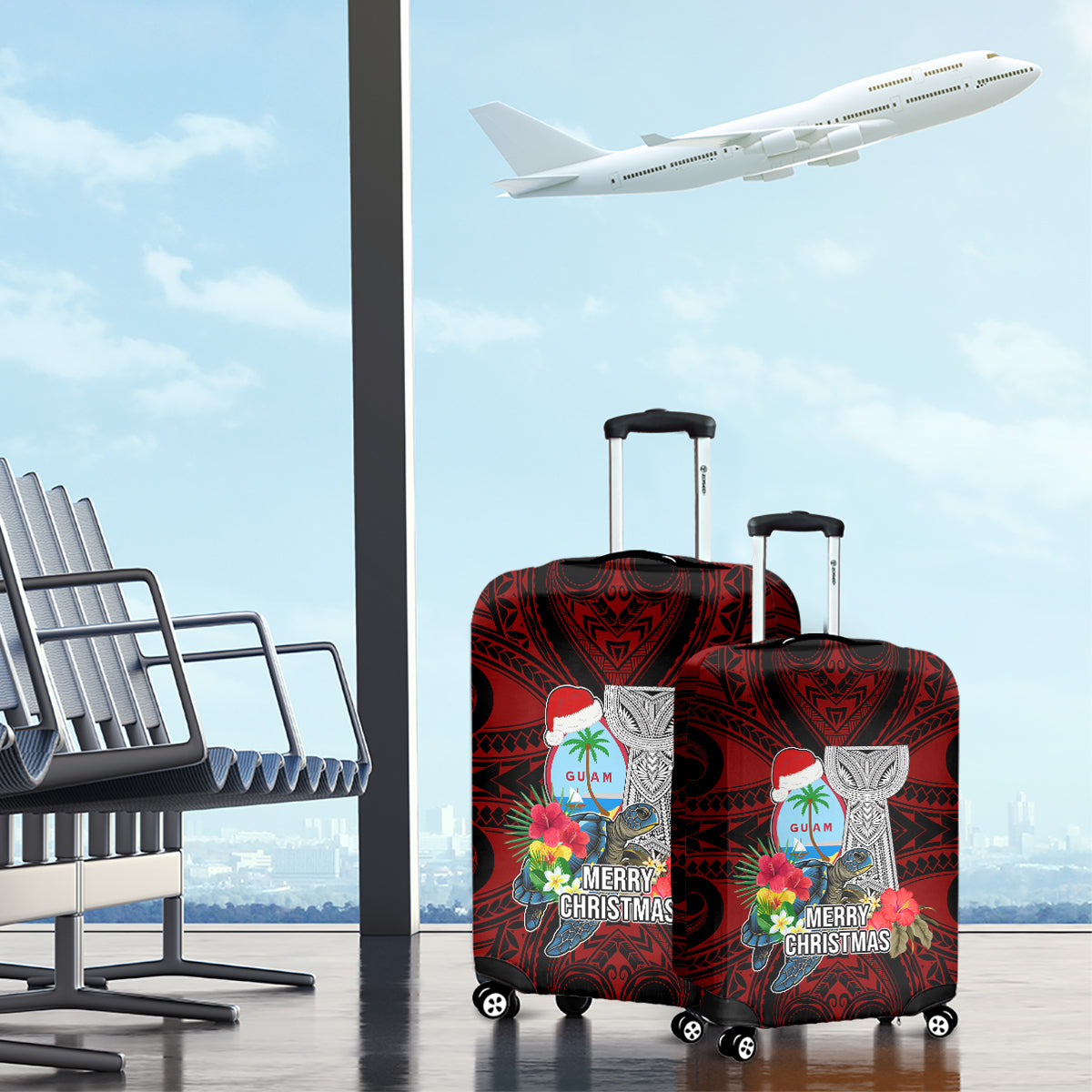 Guam Christmas Luggage Cover Santa Gift Latte Stone and Sea Turle Mix Hibiscus Chamorro Red Style LT03 - Polynesian Pride