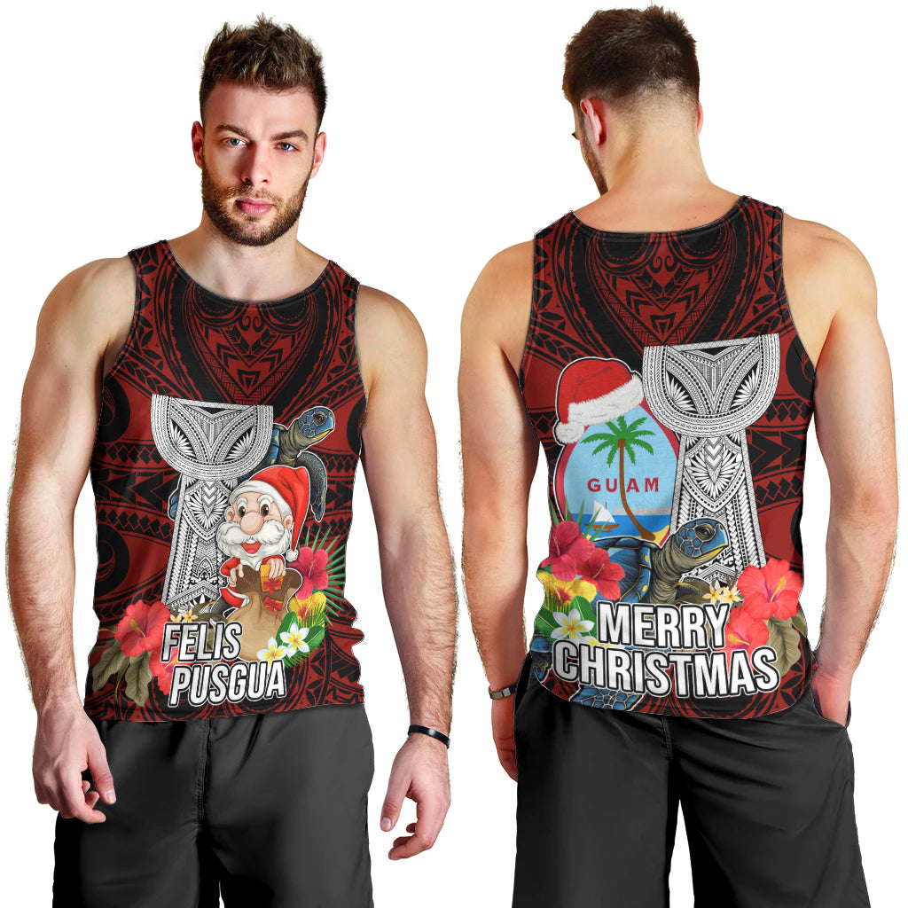 Guam Christmas Men Tank Top Santa Gift Latte Stone and Sea Turle Mix Hibiscus Chamorro Red Style LT03 - Polynesian Pride