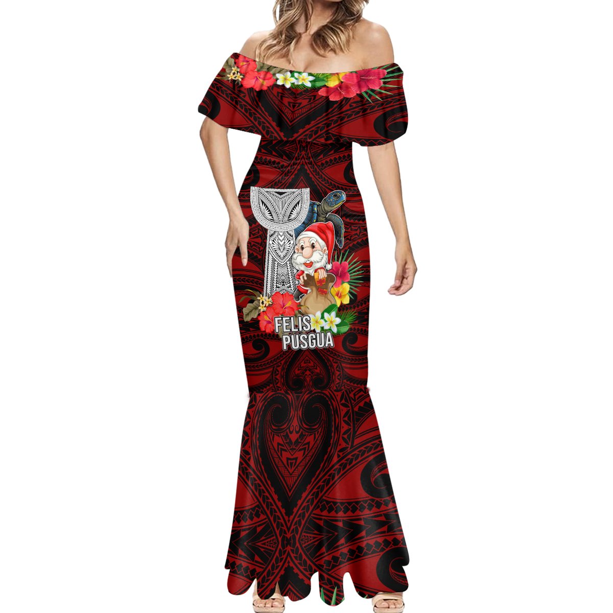 Guam Christmas Mermaid Dress Santa Gift Latte Stone and Sea Turle Mix Hibiscus Chamorro Red Style LT03 - Polynesian Pride
