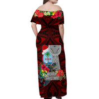 Guam Christmas Off Shoulder Maxi Dress Santa Gift Latte Stone and Sea Turle Mix Hibiscus Chamorro Red Style LT03 - Polynesian Pride