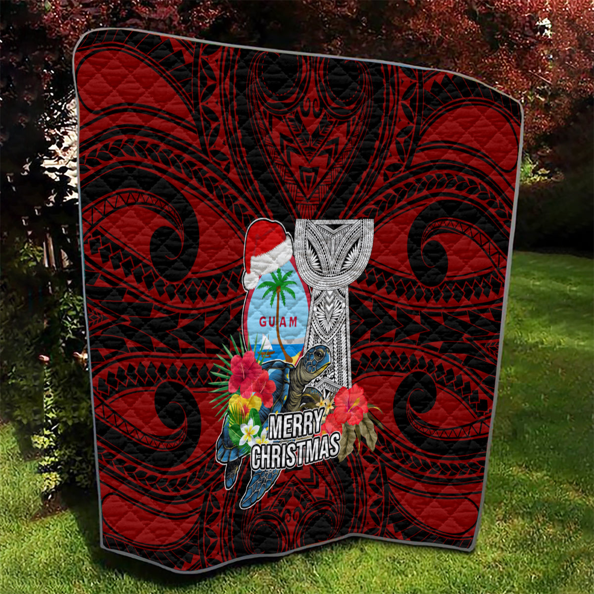 Guam Christmas Quilt Santa Gift Latte Stone and Sea Turle Mix Hibiscus Chamorro Red Style LT03