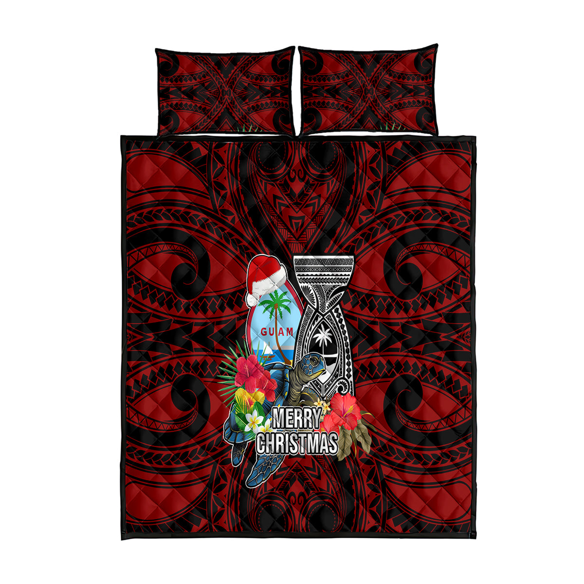 Guam Christmas Quilt Bed Set Santa Gift Latte Stone and Sea Turle Mix Hibiscus Chamorro Red Style LT03