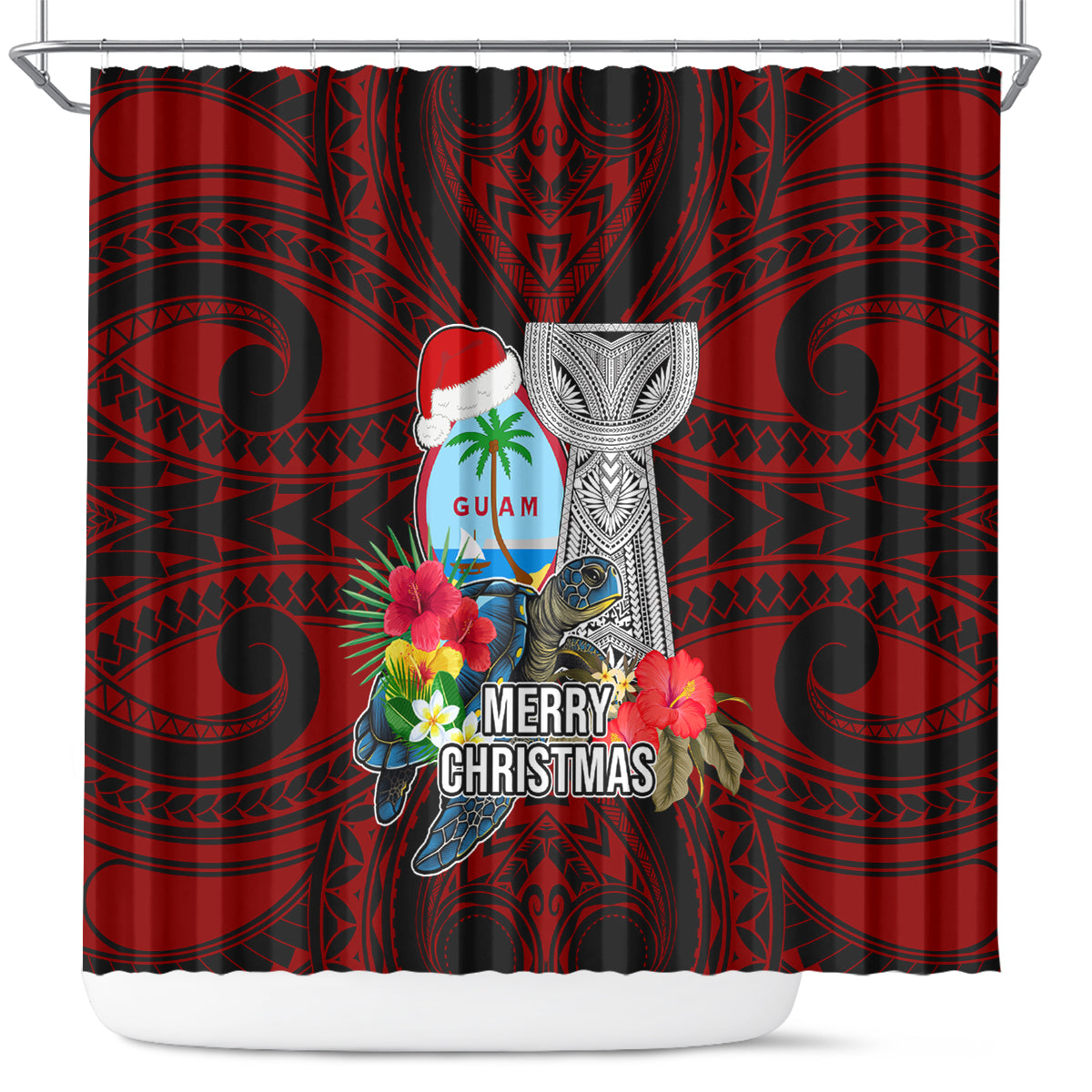 Guam Christmas Shower Curtain Santa Gift Latte Stone and Sea Turle Mix Hibiscus Chamorro Red Style LT03 Red - Polynesian Pride