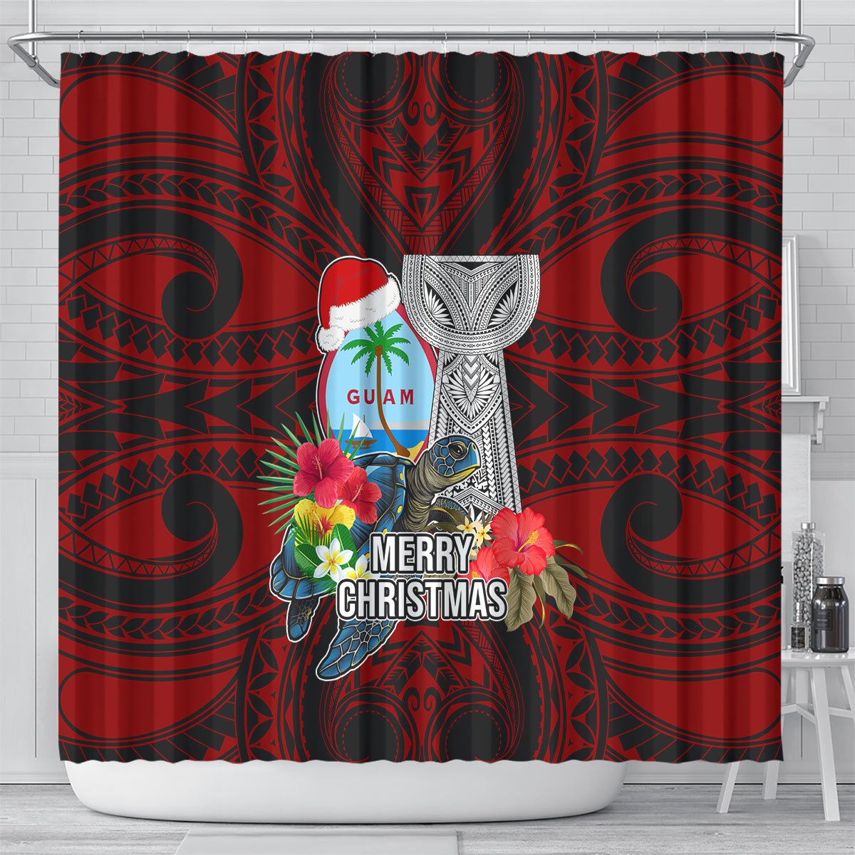 Guam Christmas Shower Curtain Santa Gift Latte Stone and Sea Turle Mix Hibiscus Chamorro Red Style LT03 - Polynesian Pride
