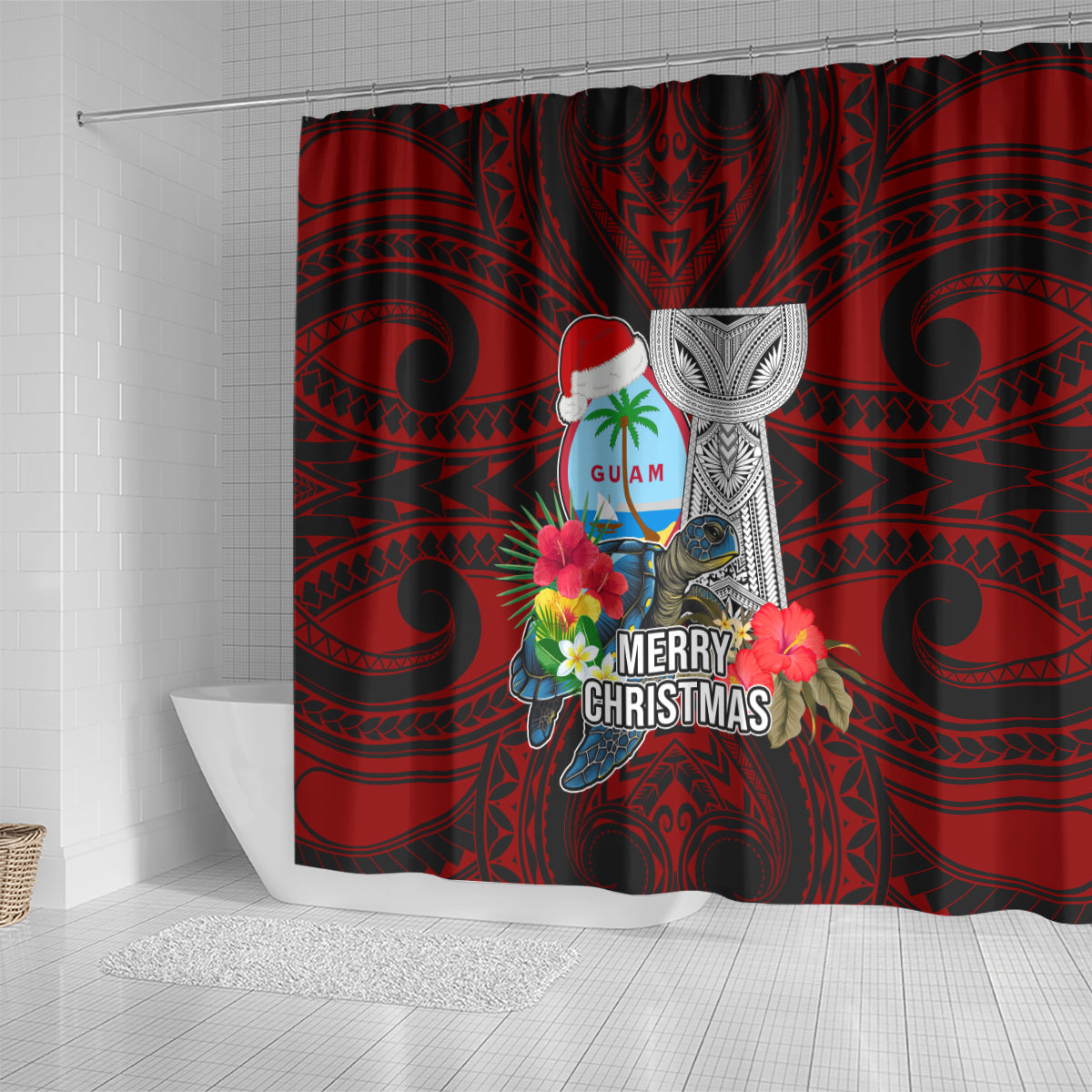 Guam Christmas Shower Curtain Santa Gift Latte Stone and Sea Turle Mix Hibiscus Chamorro Red Style LT03 - Polynesian Pride