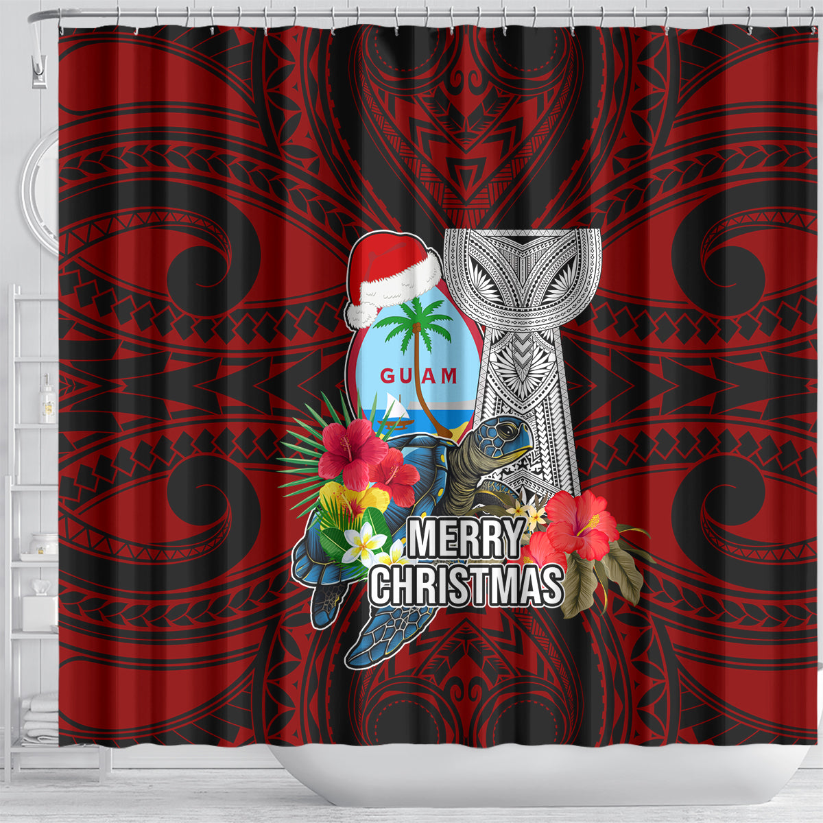 Guam Christmas Shower Curtain Santa Gift Latte Stone and Sea Turle Mix Hibiscus Chamorro Red Style LT03 - Polynesian Pride