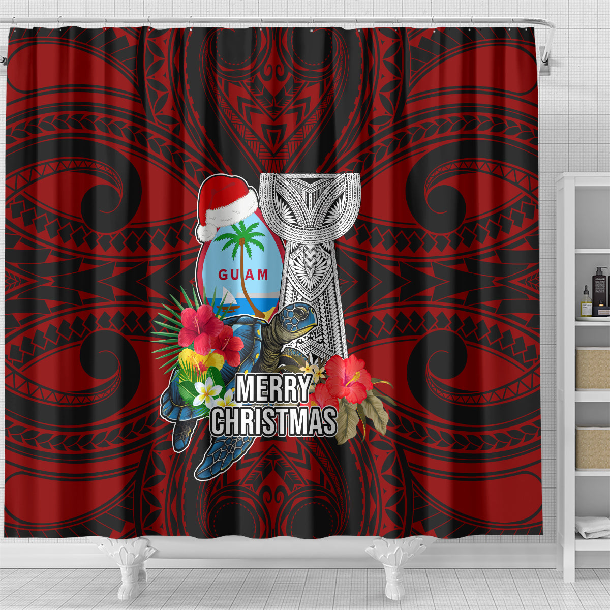 Guam Christmas Shower Curtain Santa Gift Latte Stone and Sea Turle Mix Hibiscus Chamorro Red Style LT03 - Polynesian Pride