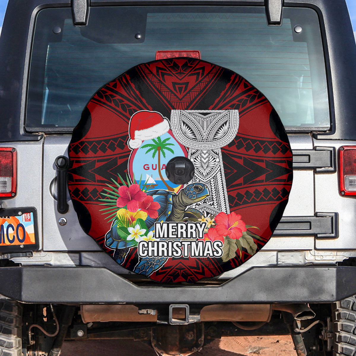Guam Christmas Spare Tire Cover Santa Gift Latte Stone and Sea Turle Mix Hibiscus Chamorro Red Style LT03 Red - Polynesian Pride