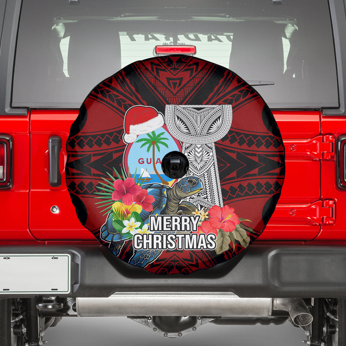 Guam Christmas Spare Tire Cover Santa Gift Latte Stone and Sea Turle Mix Hibiscus Chamorro Red Style LT03 - Polynesian Pride