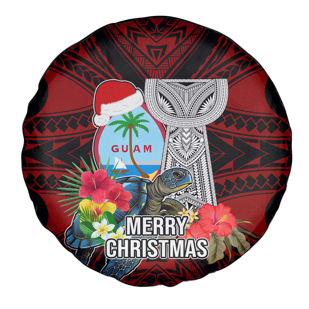 Guam Christmas Spare Tire Cover Santa Gift Latte Stone and Sea Turle Mix Hibiscus Chamorro Red Style LT03 - Polynesian Pride