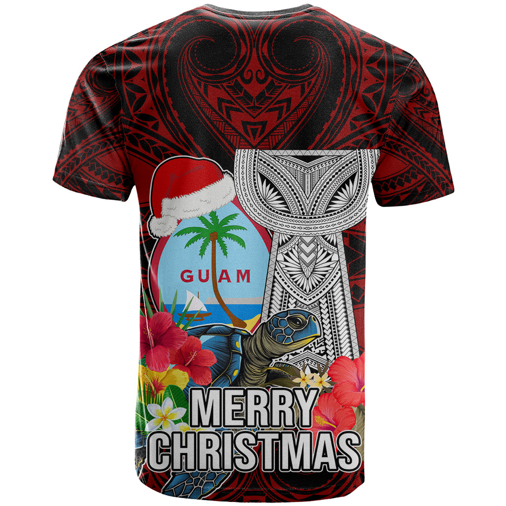 Guam Christmas T Shirt Santa Gift Latte Stone and Sea Turle Mix Hibiscus Chamorro Red Style LT03 - Polynesian Pride