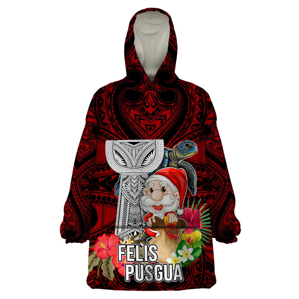 Guam Christmas Wearable Blanket Hoodie Santa Gift Latte Stone and Sea Turle Mix Hibiscus Chamorro Red Style LT03 One Size Red - Polynesian Pride