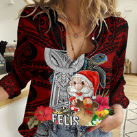 Guam Christmas Women Casual Shirt Santa Gift Latte Stone and Sea Turle Mix Hibiscus Chamorro Red Style LT03 Female Red - Polynesian Pride