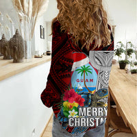 Guam Christmas Women Casual Shirt Santa Gift Latte Stone and Sea Turle Mix Hibiscus Chamorro Red Style LT03 - Polynesian Pride
