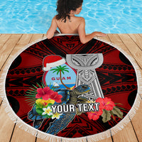 Custom Guam Christmas Beach Blanket Santa Gift Latte Stone and Sea Turle Mix Hibiscus Chamorro Red Style LT03
