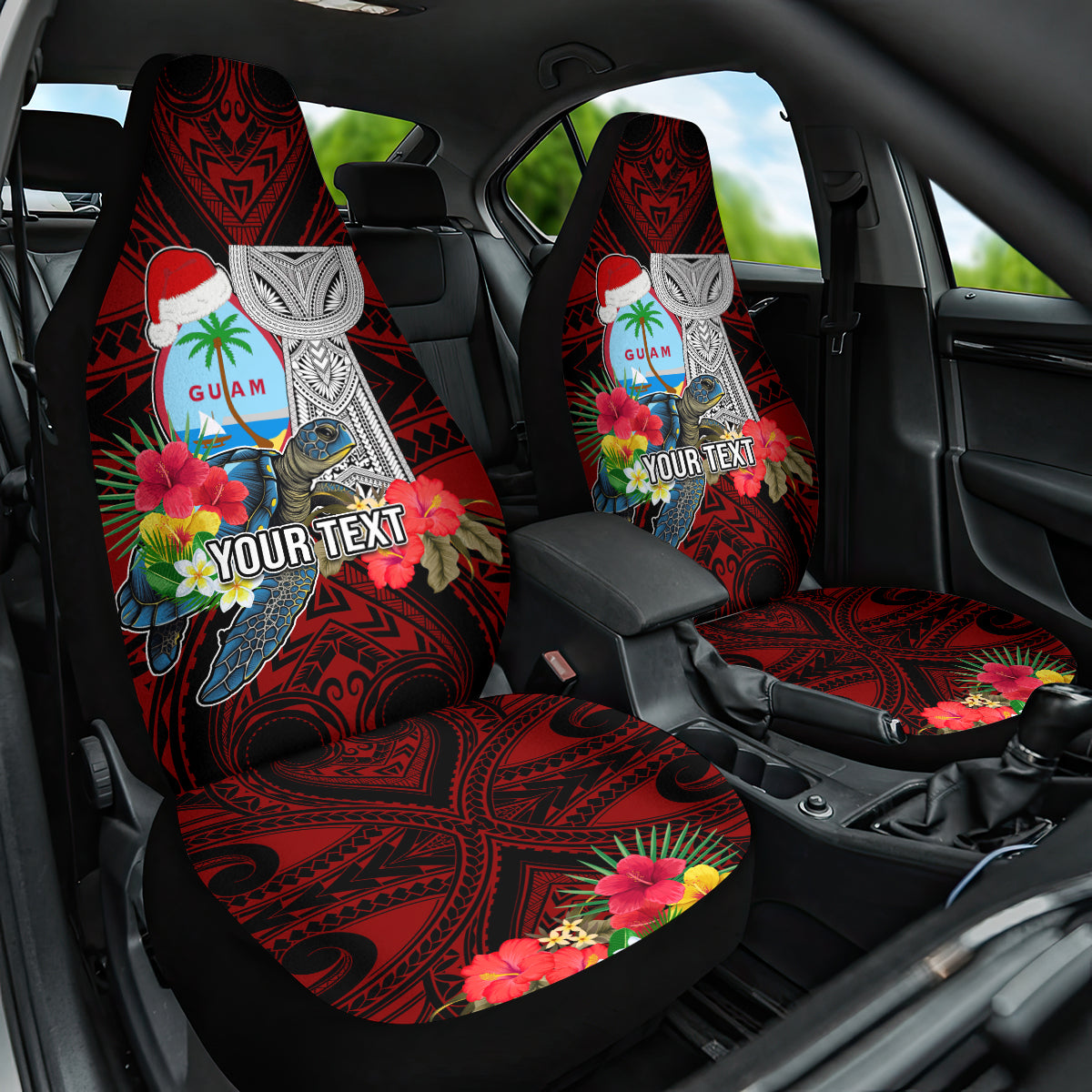 Custom Guam Christmas Car Seat Cover Santa Gift Latte Stone and Sea Turle Mix Hibiscus Chamorro Red Style LT03 One Size Red - Polynesian Pride