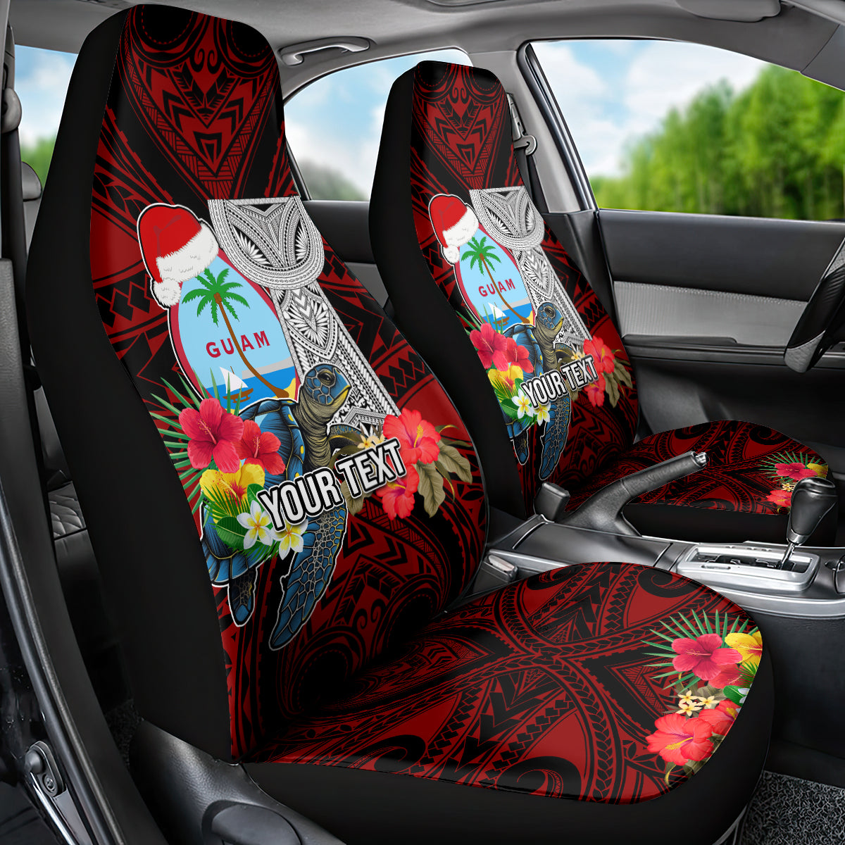 Custom Guam Christmas Car Seat Cover Santa Gift Latte Stone and Sea Turle Mix Hibiscus Chamorro Red Style LT03 - Polynesian Pride