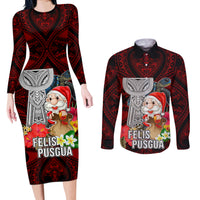 Custom Guam Christmas Couples Matching Long Sleeve Bodycon Dress and Long Sleeve Button Shirt Santa Gift Latte Stone and Sea Turle Mix Hibiscus Chamorro Red Style LT03 Red - Polynesian Pride